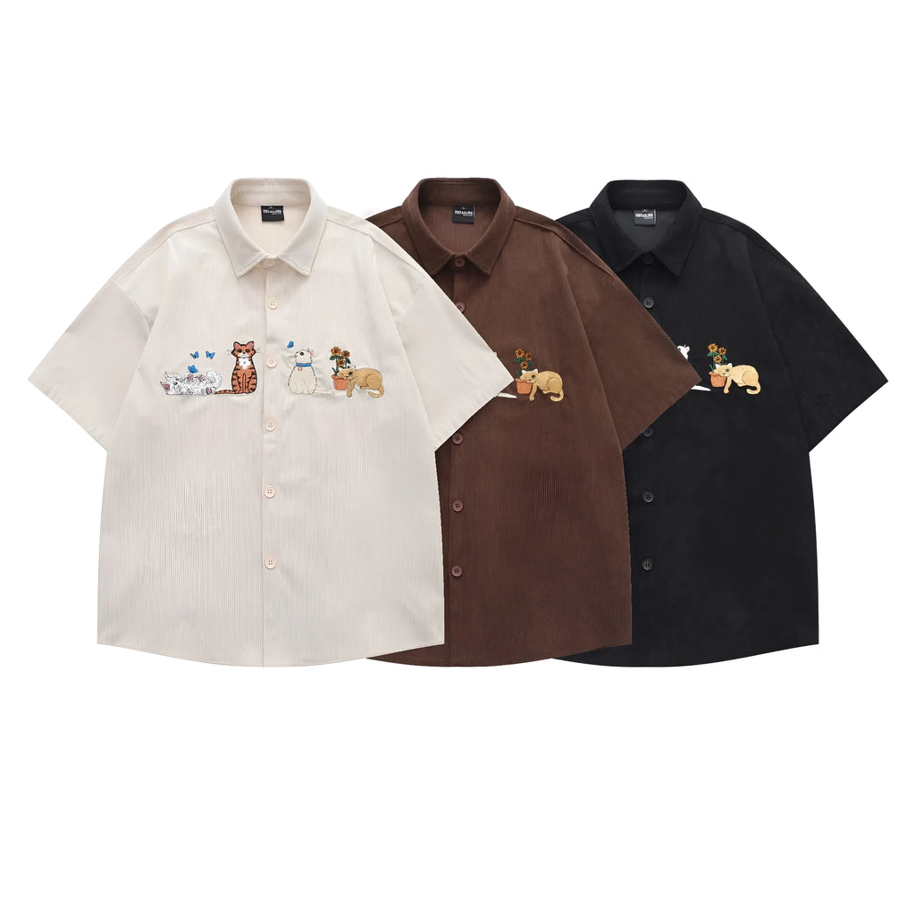 Cartoon embroidery loose couple shirt in polyester available in apricot, brown and black colours