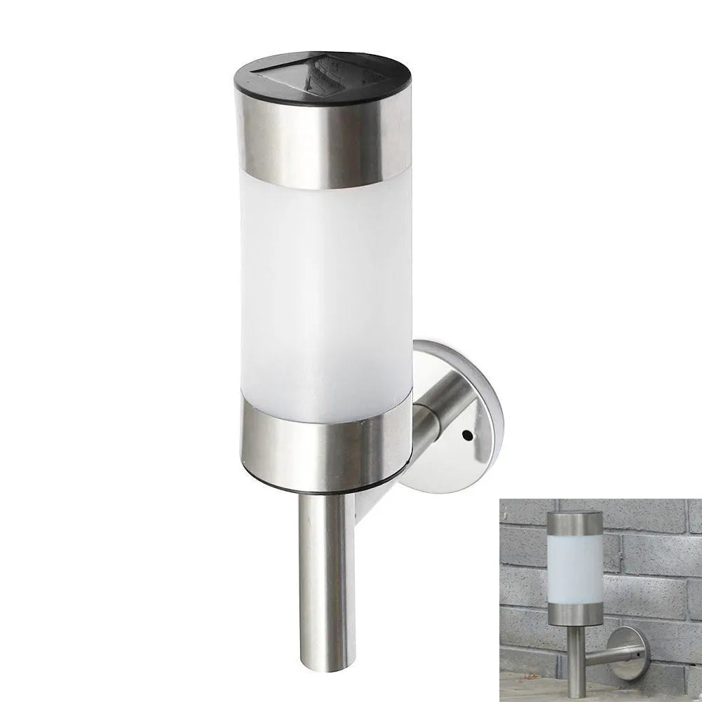 White solar-powered wall light for garden use with plastic and stainless steel construction.