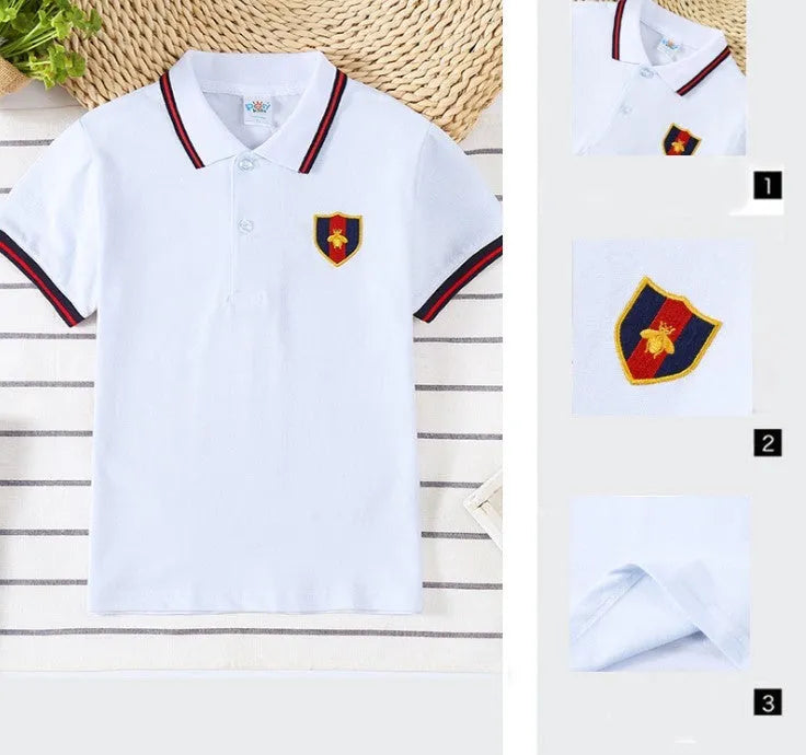 Boys' red cotton short-sleeved shirt with lapel collar for children aged 3-8 years