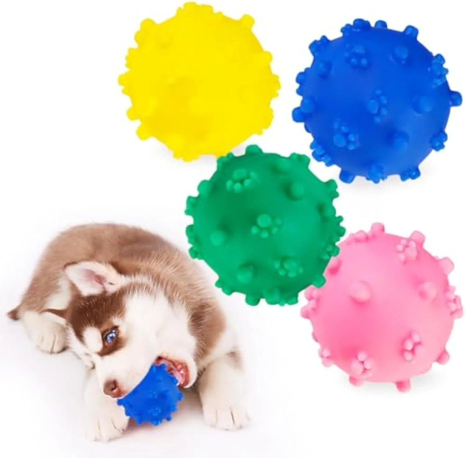 Four colourful spiked dog balls with 2-inch diameter, designed for small breed dental chew and fetch games