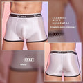Men's shiny silky nylon boxers in black, white, and sapphire blue colours.