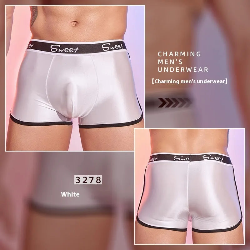 Men's shiny silky nylon boxers in black, white, and sapphire blue colours.