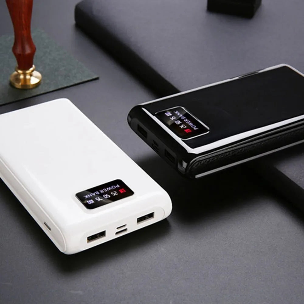 Black and white 18650 DIY charging bank case showing dual input ports and battery compartments