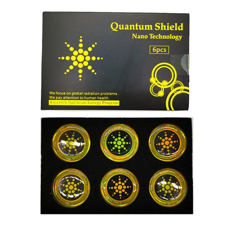 Six gold and silver anti-radiation phone stickers on backing sheet
