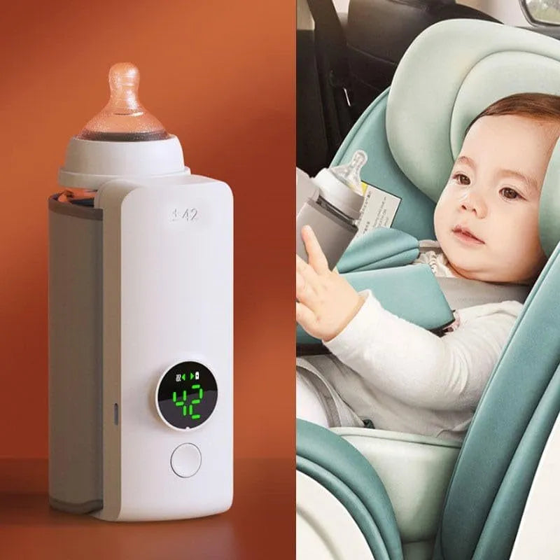 Grey portable USB rechargeable baby bottle warming bag with wrap-around design.