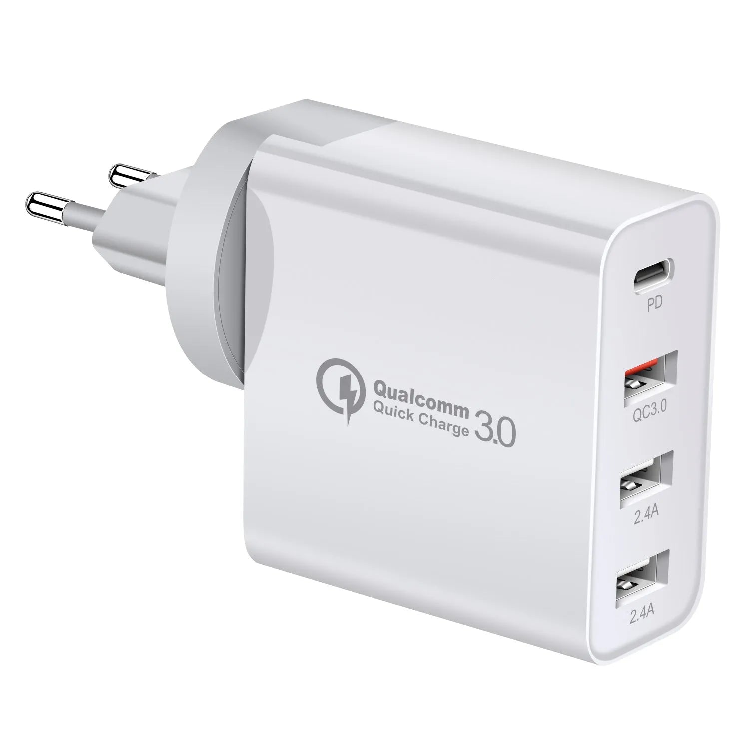 Black 48W PD four-port Type-C mobile phone charger with UK plug showing four charging ports and indication lights