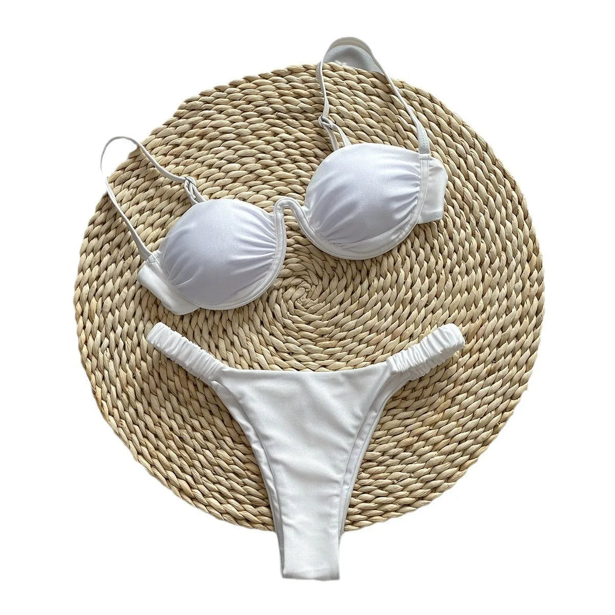 Women's underwire bikini swimsuit in khaki, white, or black with high elasticity nylon fabric for swimming and fitness.