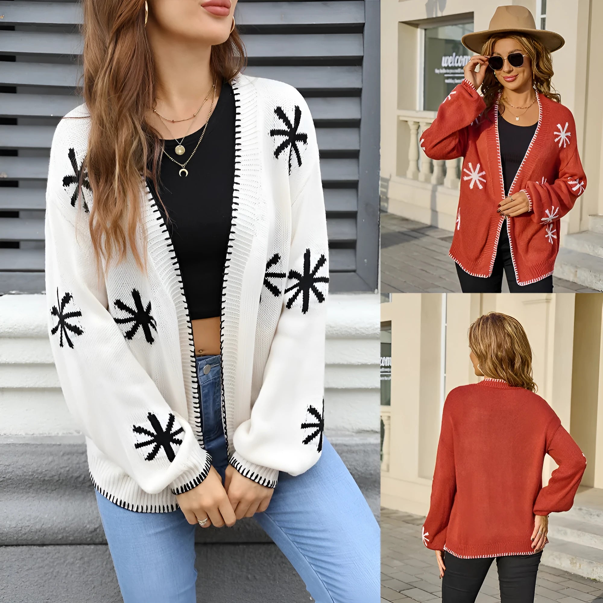 Women's jacquard knitted coat with floral pattern in beige and orange colours, loose fit cardigan design