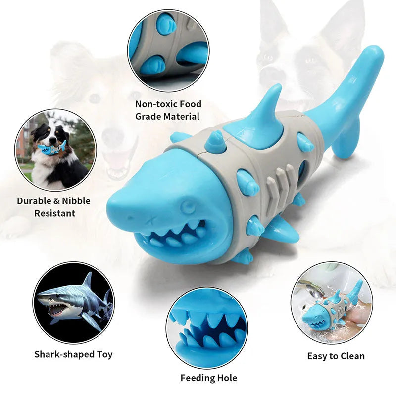 Blue shark-tooth textured dog chew toy with leaky holes for interactive play