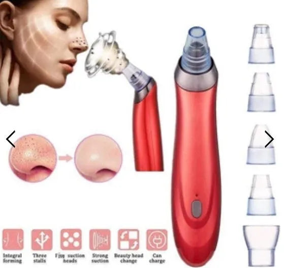 Handheld electric blackhead remover tool with multiple nozzle attachments on a white background.