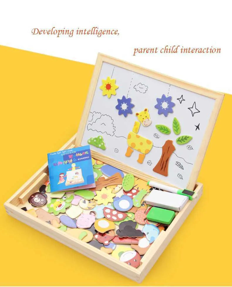 Wooden magnetic puzzle toy set with drawing board featuring animal circus and traffic designs