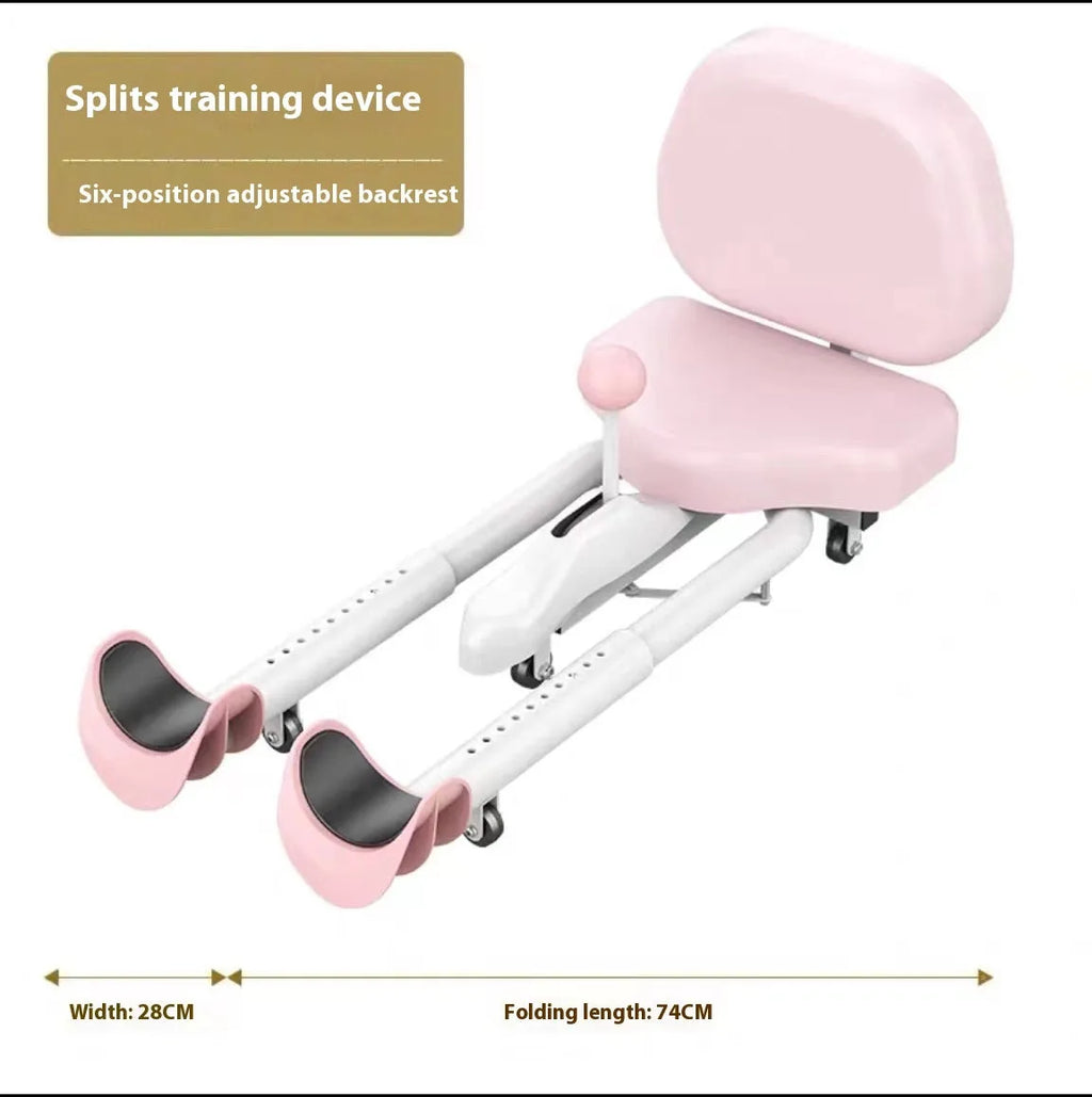 A pink leg stretching device with a steel frame and foam padding, shown on a gym floor.
