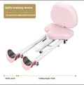 A pink leg stretching device with a steel frame and foam padding, shown on a gym floor.