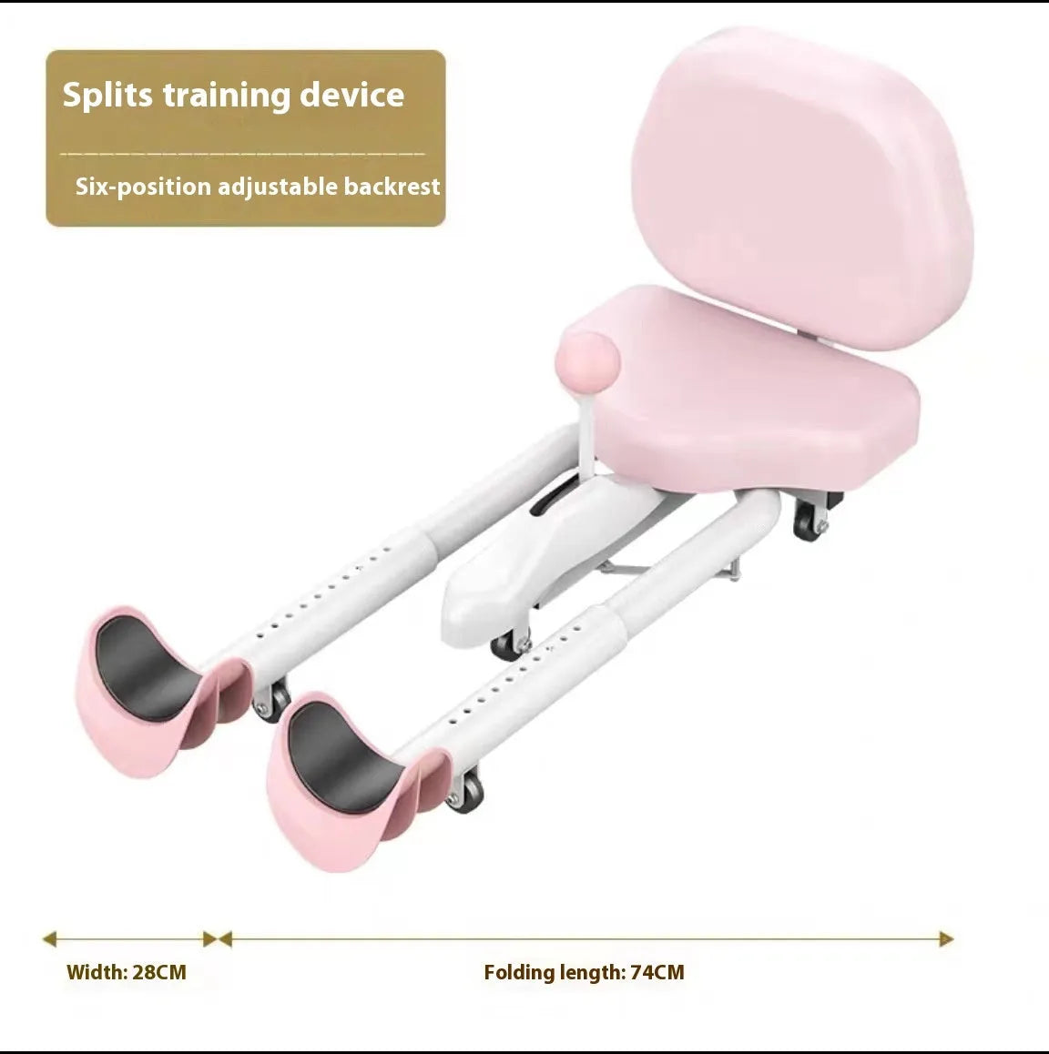 A pink leg stretching device with a steel frame and foam padding, shown on a gym floor.