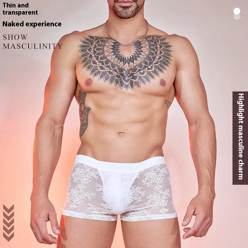 Men's lace-trimmed boxers in black, white, or red, made from nylon fabric, free size with 2-3cm tolerance.