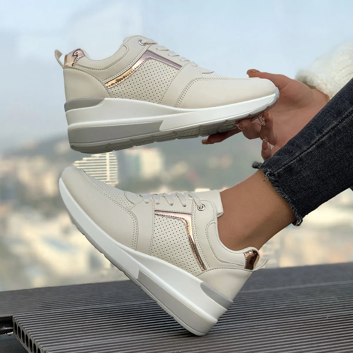 Women's milky white wedge platform casual shoes with lace-up front on a rubber sole.