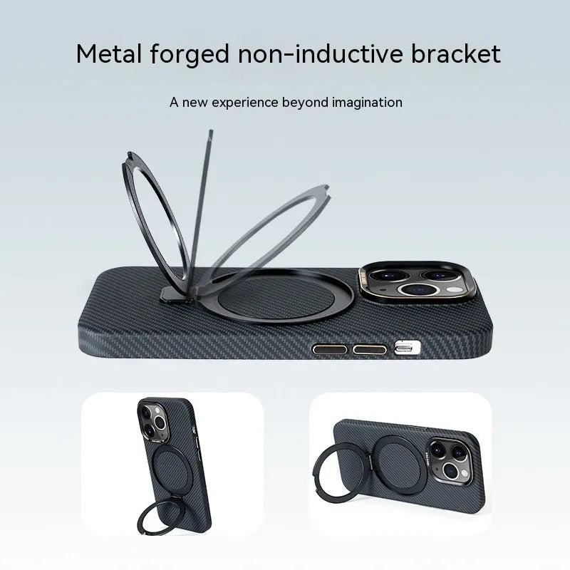 Carbon fibre iPhone case with magnetic bracket in graphite black, compatible with Apple iPhone 13 to 15 Pro Max