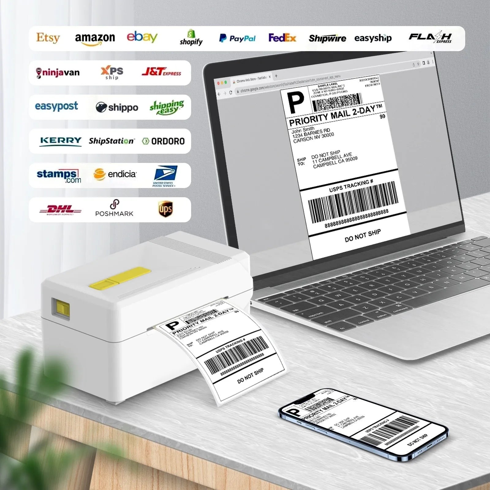 FlashLabel thermal label printer with USB cable, showing 3-inch and 4-inch label options for express orders