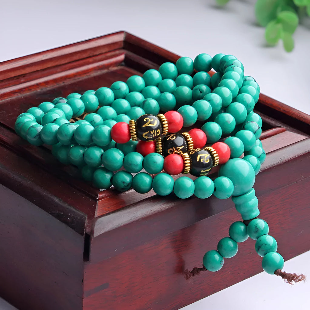 Turquoise Tibetan bracelet with 108 polished beads in 6mm and 8mm sizes