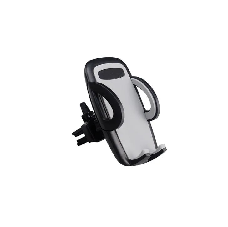 Black plastic mobile phone holder attached to car air conditioning vent with phone secured