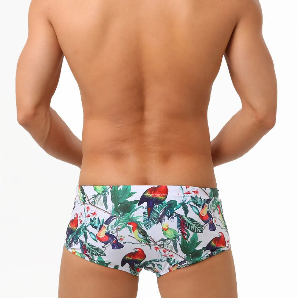 Men's swimming trunks with flower-bird print pattern in nylon small boxer style
