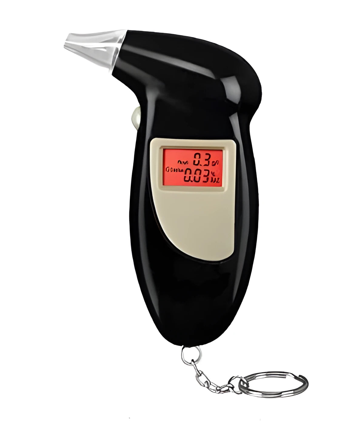 Black digital alcohol breath tester with LCD display, key chain, 110 x 70 x 25 mm, includes 4 nozzles