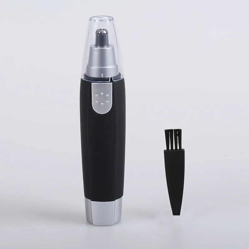 Electric nose hair trimmer with 360-degree rotating stainless steel blade, waterproof plastic body, black or silver