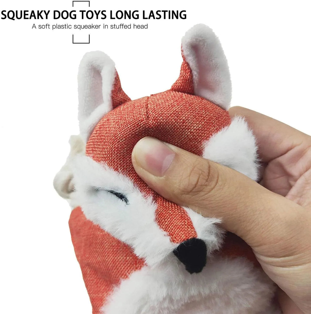 Brown fox dog toy with embroidered eyes, cotton rope arms and legs, and stuffless plush body