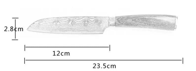 Santoku chef knife with laser Damascus pattern blade and coloured wood handle, blade length 7 inches.