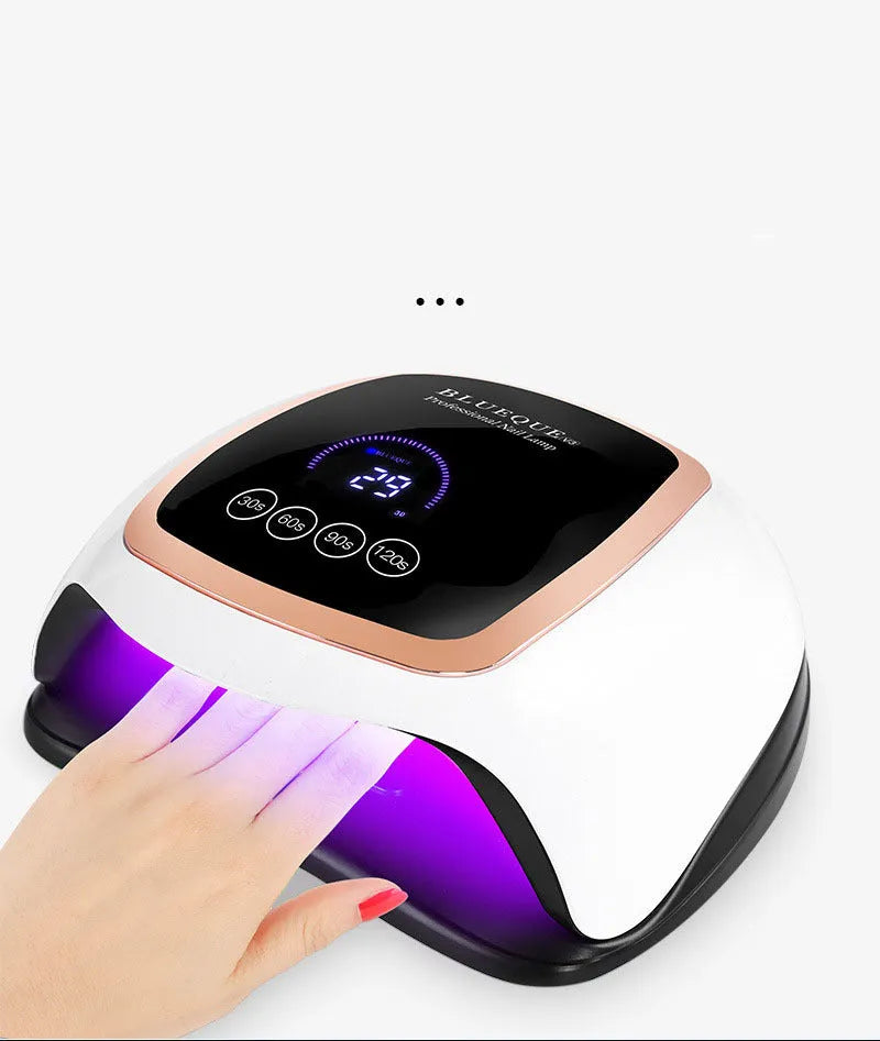 BLUEQUE V3 168W UV LED nail lamp with 42 gold wire beads, 23.5cm x 20cm x 8cm ABS plastic body, EU or US plug.