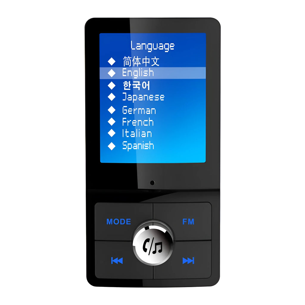 Black car speakerphone FM transmitter with LCD display, USB ports, and Bluetooth hands-free calling