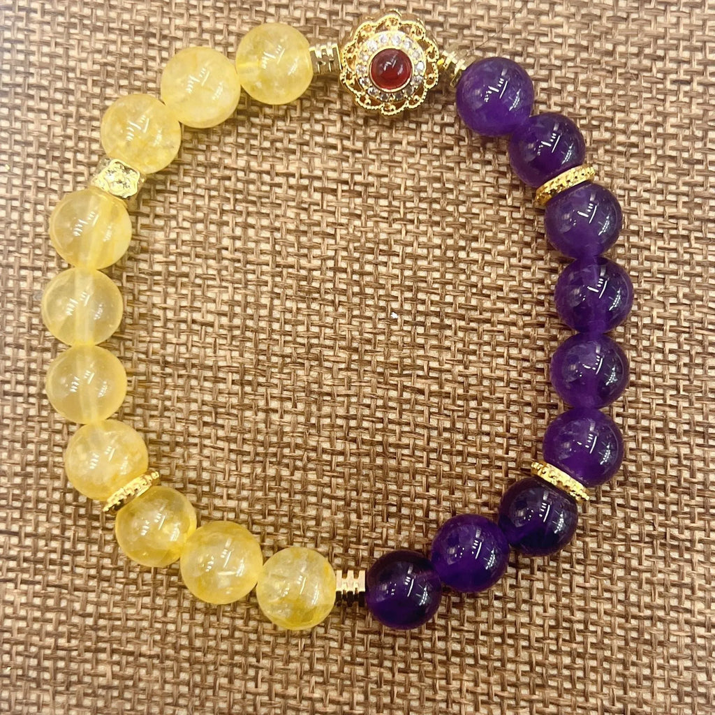 Handmade women's crystal bracelet with yellow and purple amethyst stones, manual craftsmanship