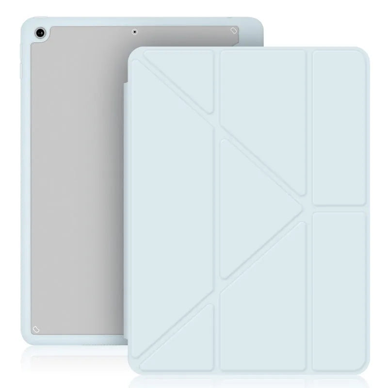 iPad acrylic Y folding protective case with pen slot in imitation leather, showing bracket function