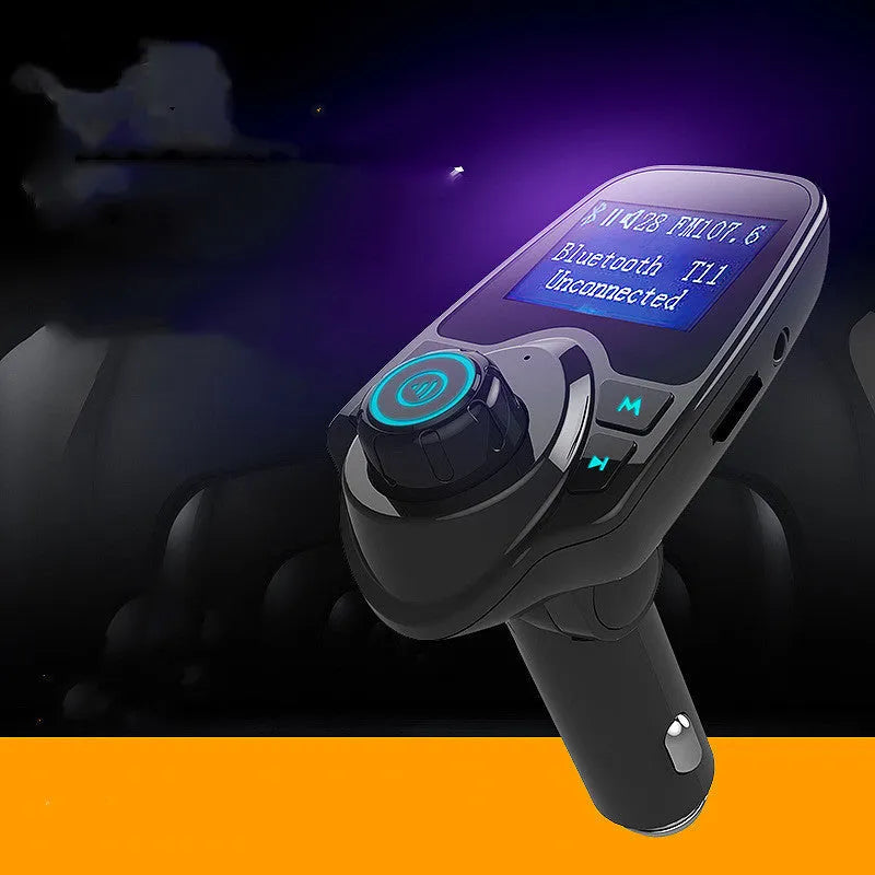 Black G7 car Bluetooth FM transmitter plugged into 12V socket with USB port and TF card slot visible