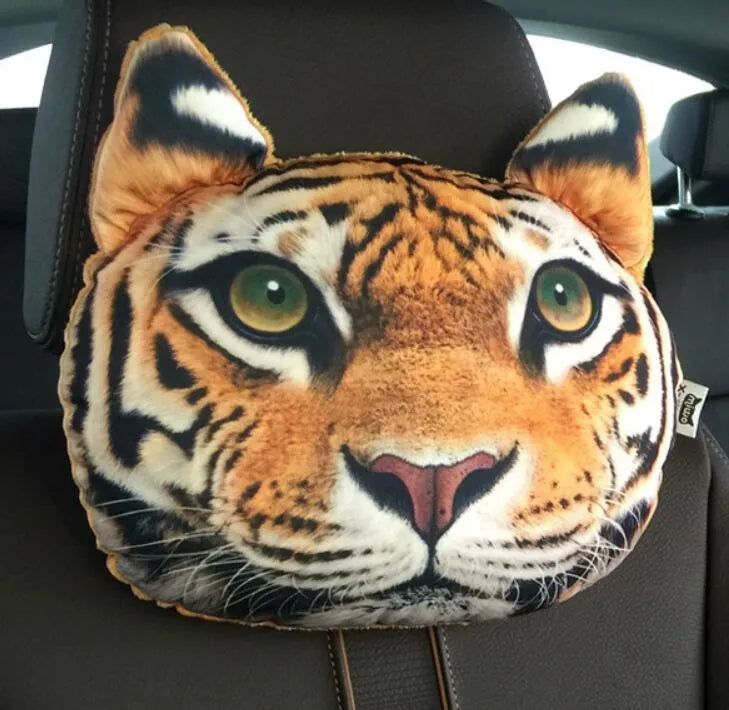 Handmade oblong car headrest pillow with printed cartoon cat design, polyester cotton cover, and PP cotton filling.