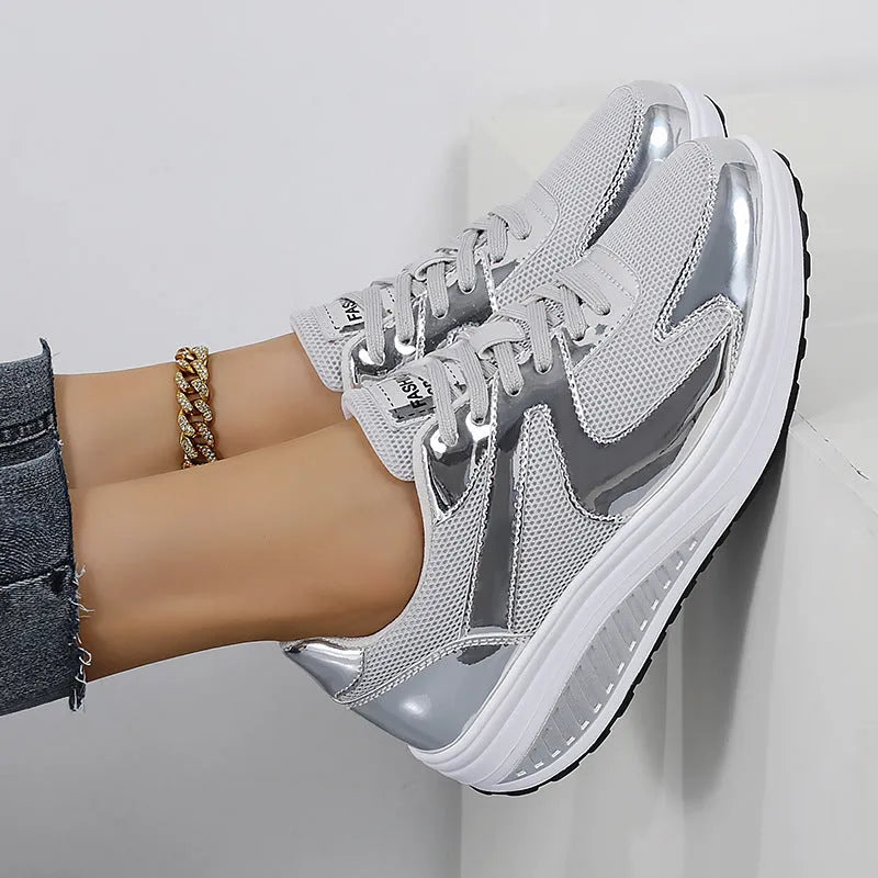 Women's gold mesh platform shoes with cross-strap and 3-5 cm mid heel