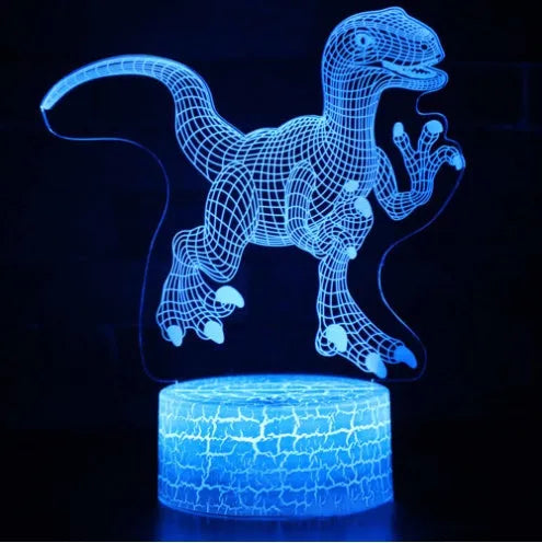 Colourful 3D dinosaur-shaped night light with multicoloured crack-style lighting effect on a table.