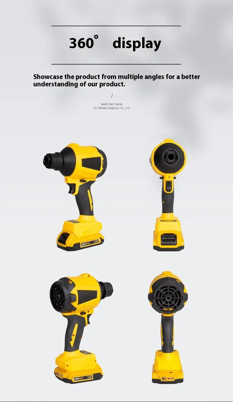 Yellow cordless dust gun with 680W power for office cleaning, showing blower nozzle and lithium battery operation
