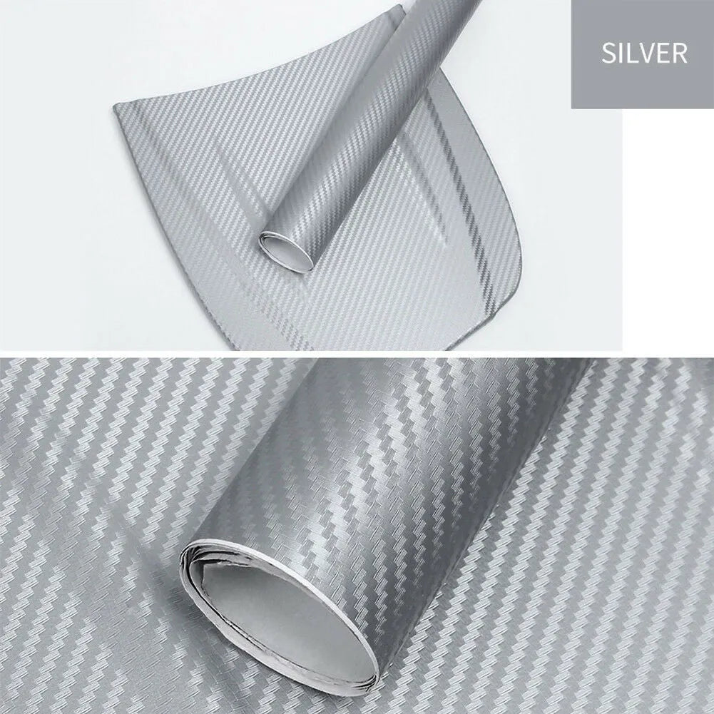 Roll of black carbon fibre textured vinyl sticker for car decoration, showing 3D pattern.