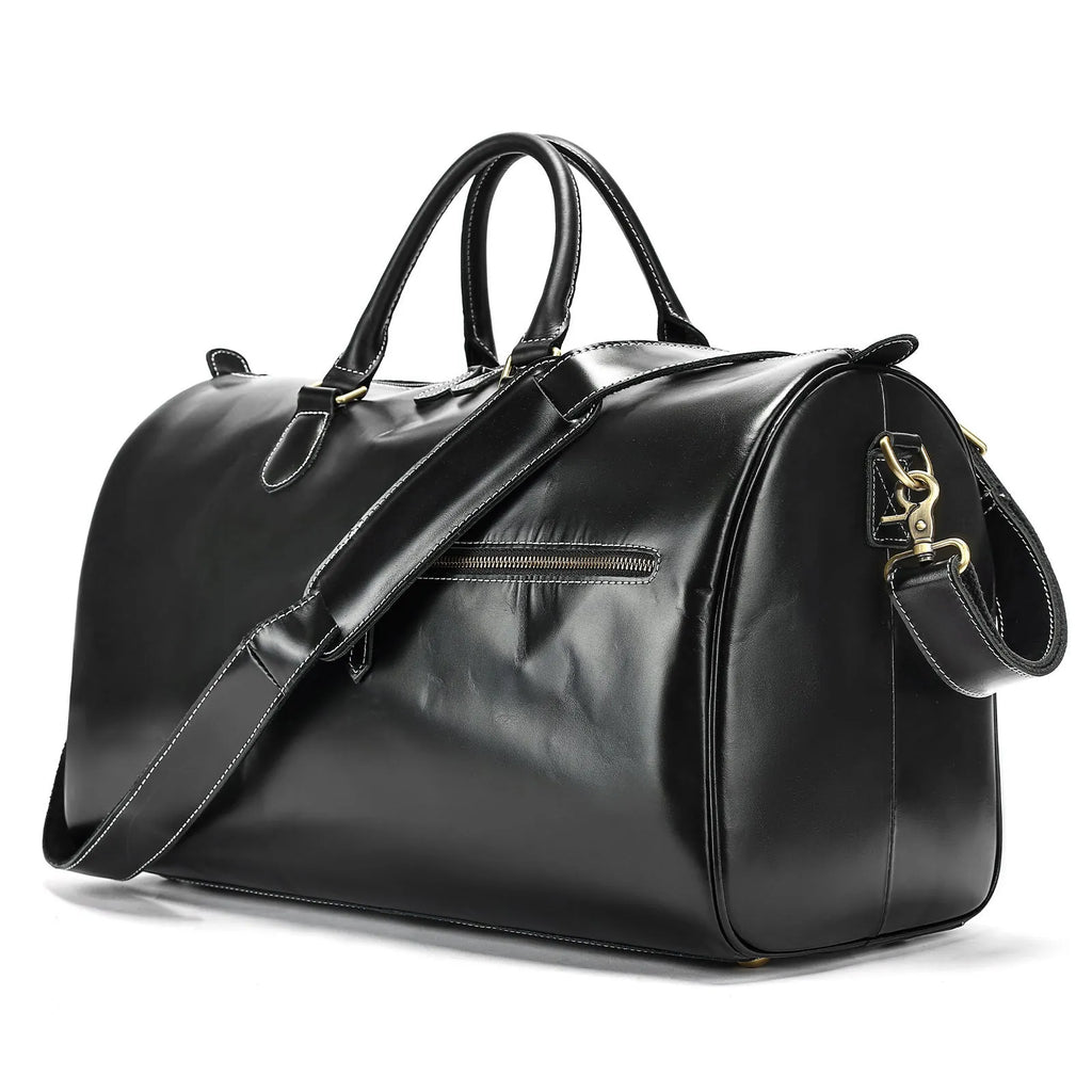 Large vintage-style genuine leather crossbody bag for men in black, shown with dimensions.