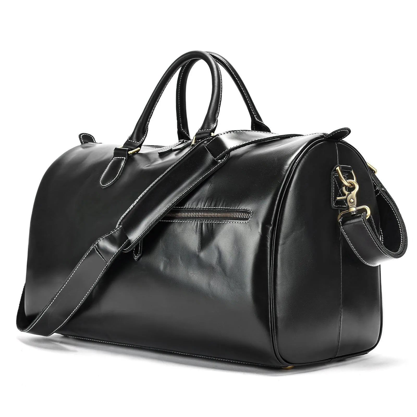Large vintage-style genuine leather crossbody bag for men in black, shown with dimensions.