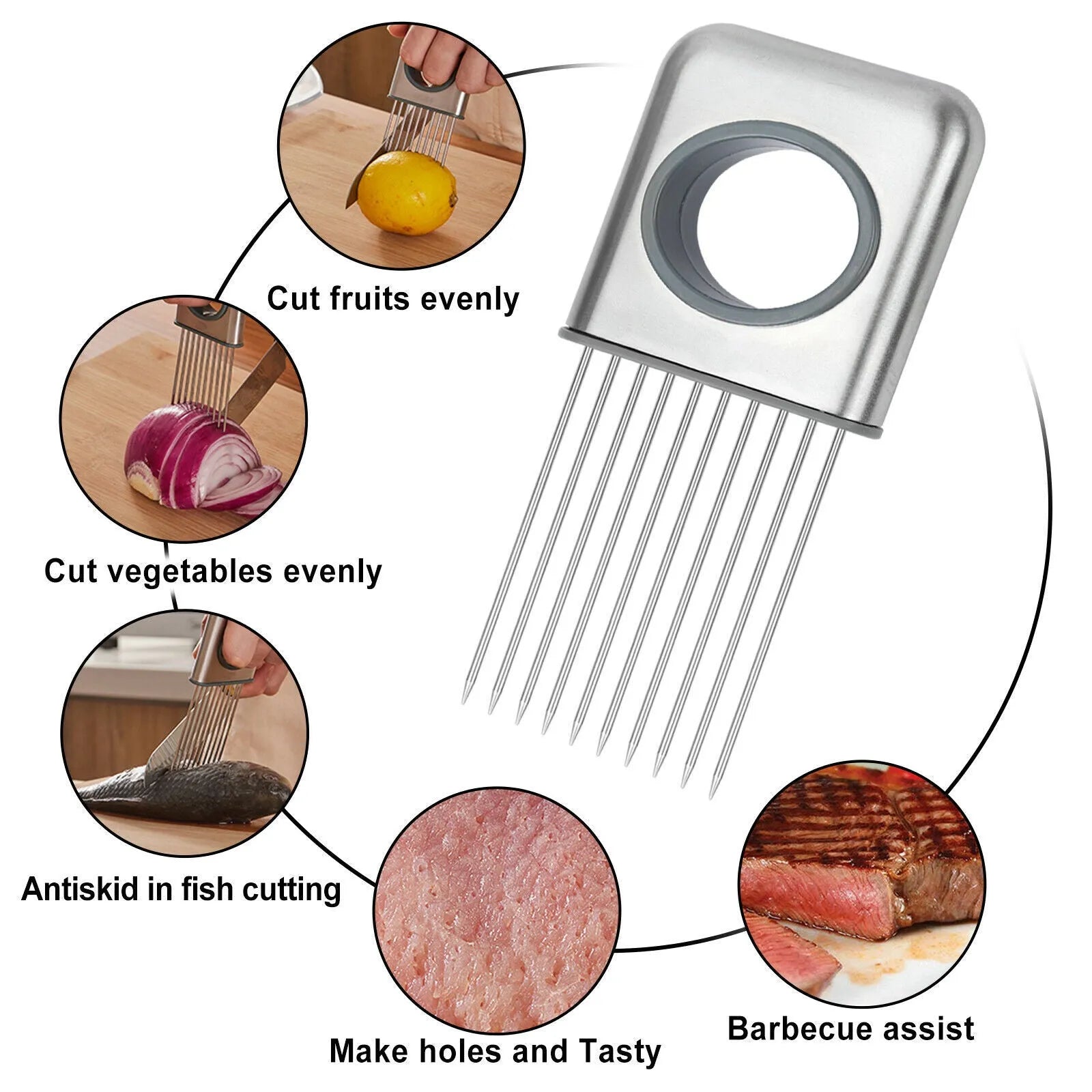 Stainless steel onion holder slicer with sharp prongs and a red finger guard on a kitchen counter.
