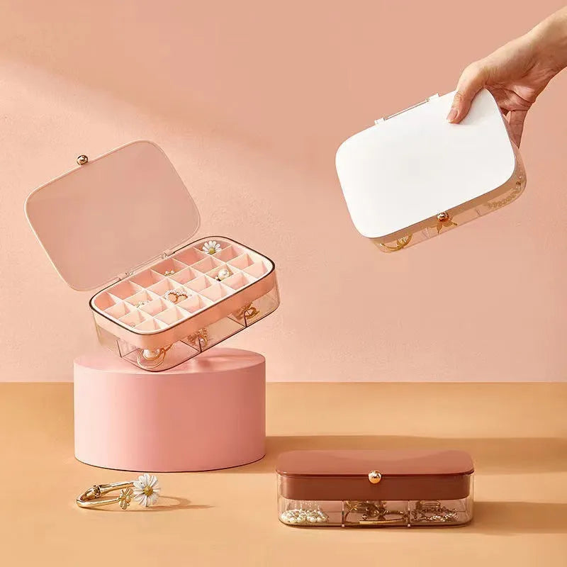Green minimalist multi-layer jewellery storage box with lid open, showing internal compartments.