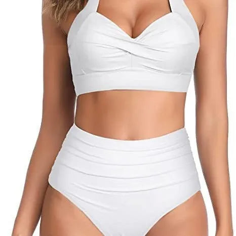 Women's black split bow bikini swimwear with adjustable ties on a mannequin.