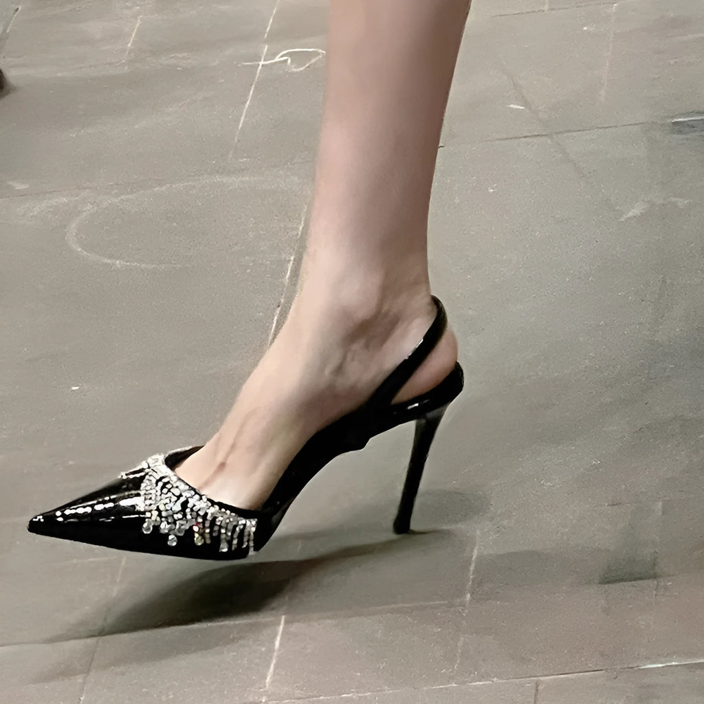Black French tassel rhinestone slingback high heel sandals with a 10cm heel and pointed toe.