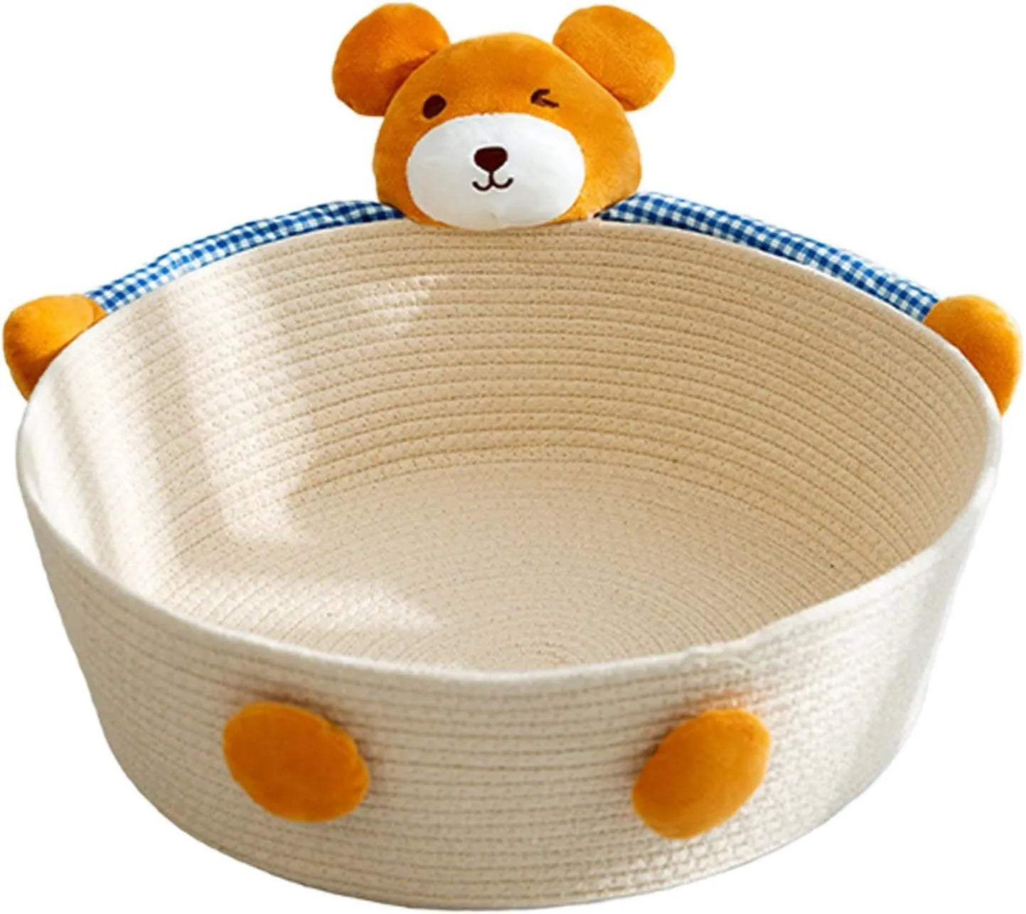 Woven cotton rope cat bed with integrated scratching board in basket design, available in three sizes