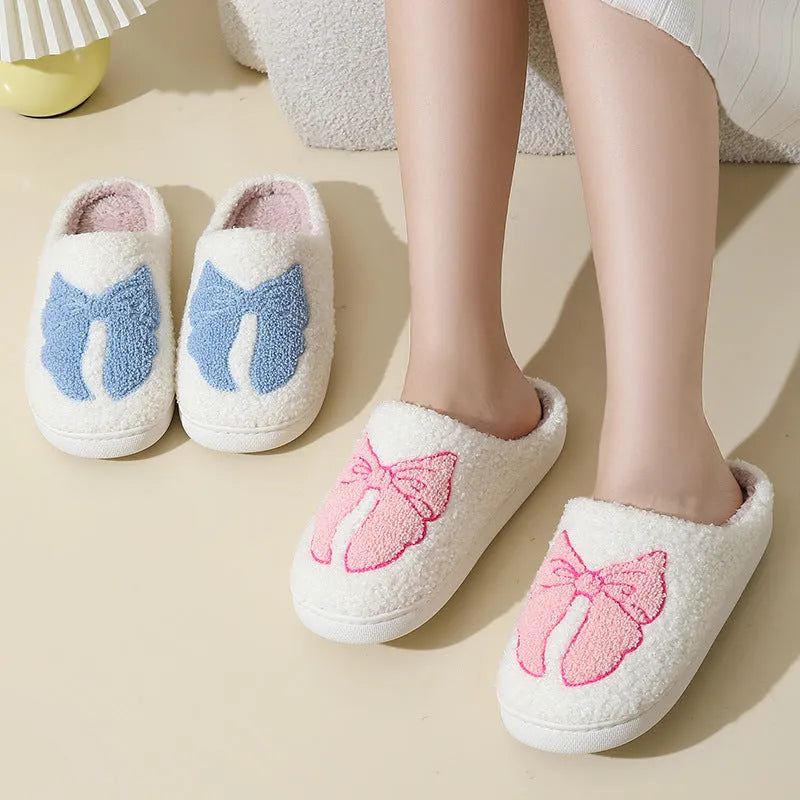 Cartoon bow knot cotton slippers with suede upper and TPR sole in pink and blue colour options