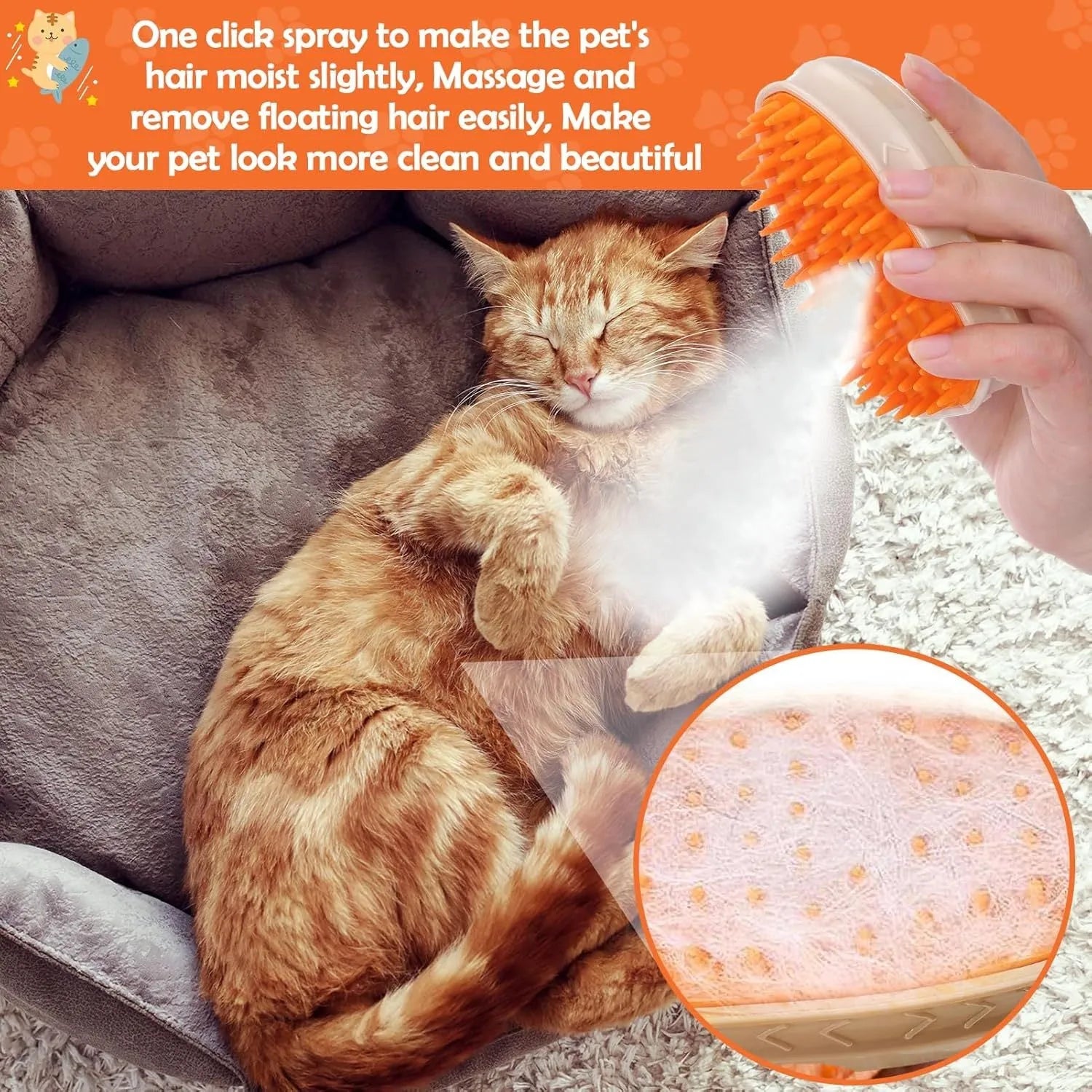 Yellow cat steam brush with silicone teeth, water storage area, and ringworm detector lamp for pet grooming