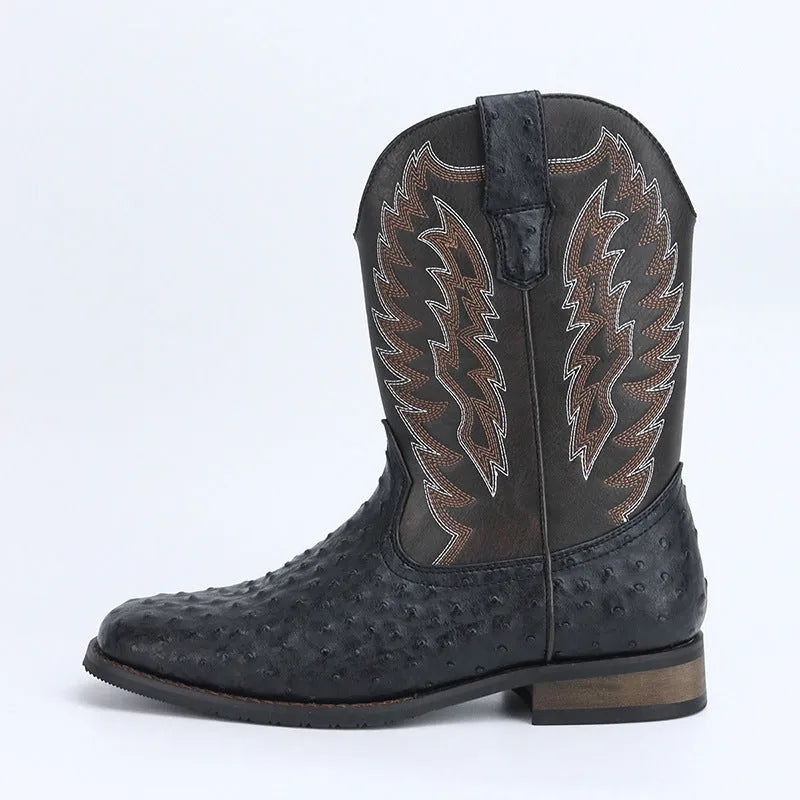 Men's black square toe motorcycle boots with a wedge heel and mid-calf design.