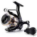 All-metal spinning fishing reel with no-gap design and EVA grip in multiple size options